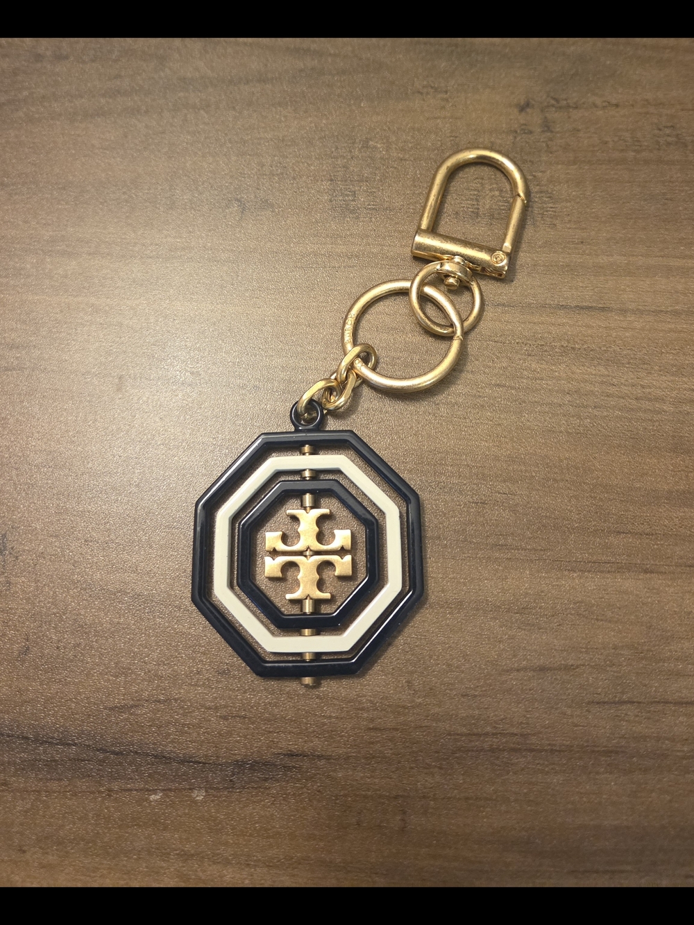 Tory Burch Gold Keychain with Navy and Cream Octagon Logo Charm
